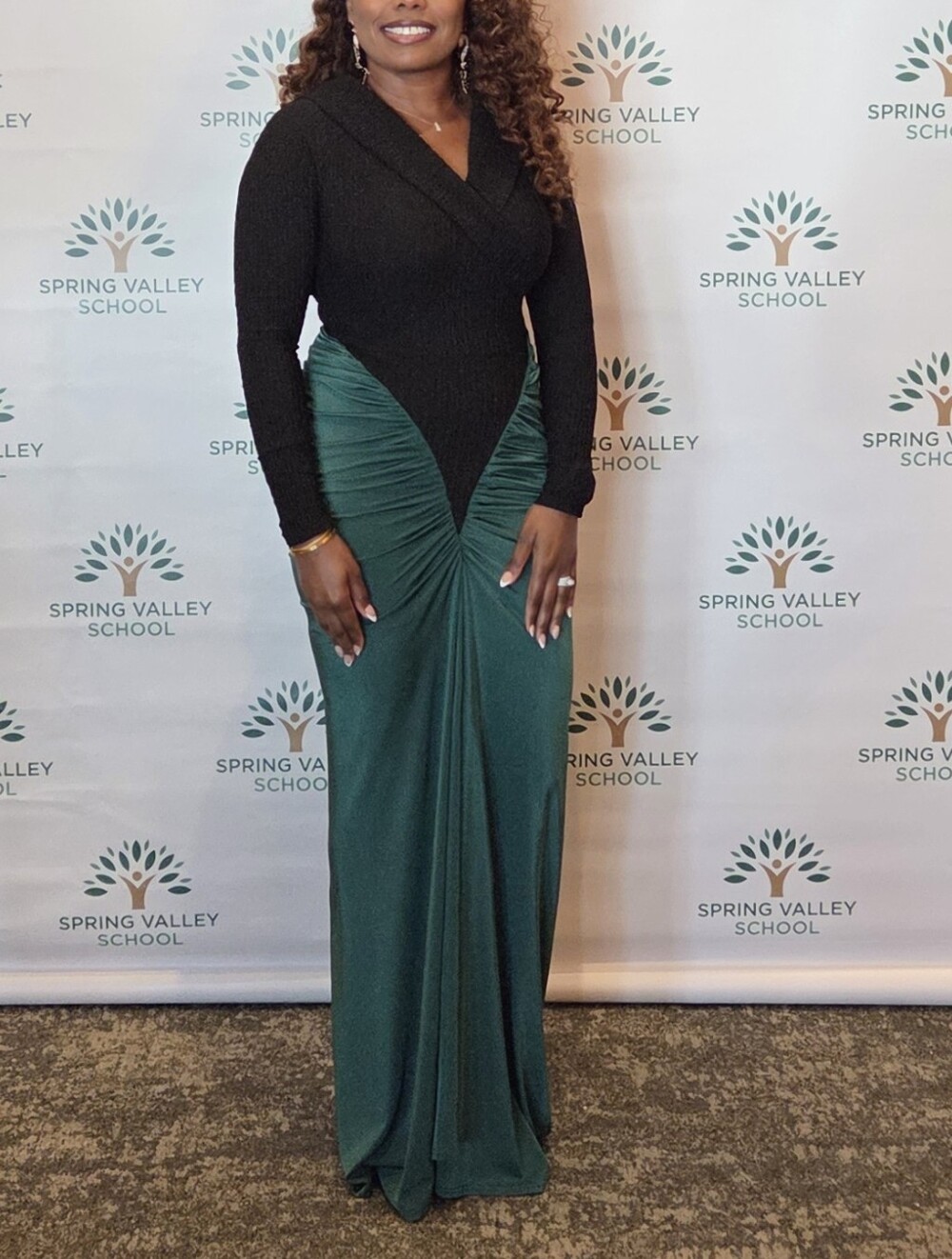 SHEIN Black & Emerald Green Long Sleeve Evening Gown